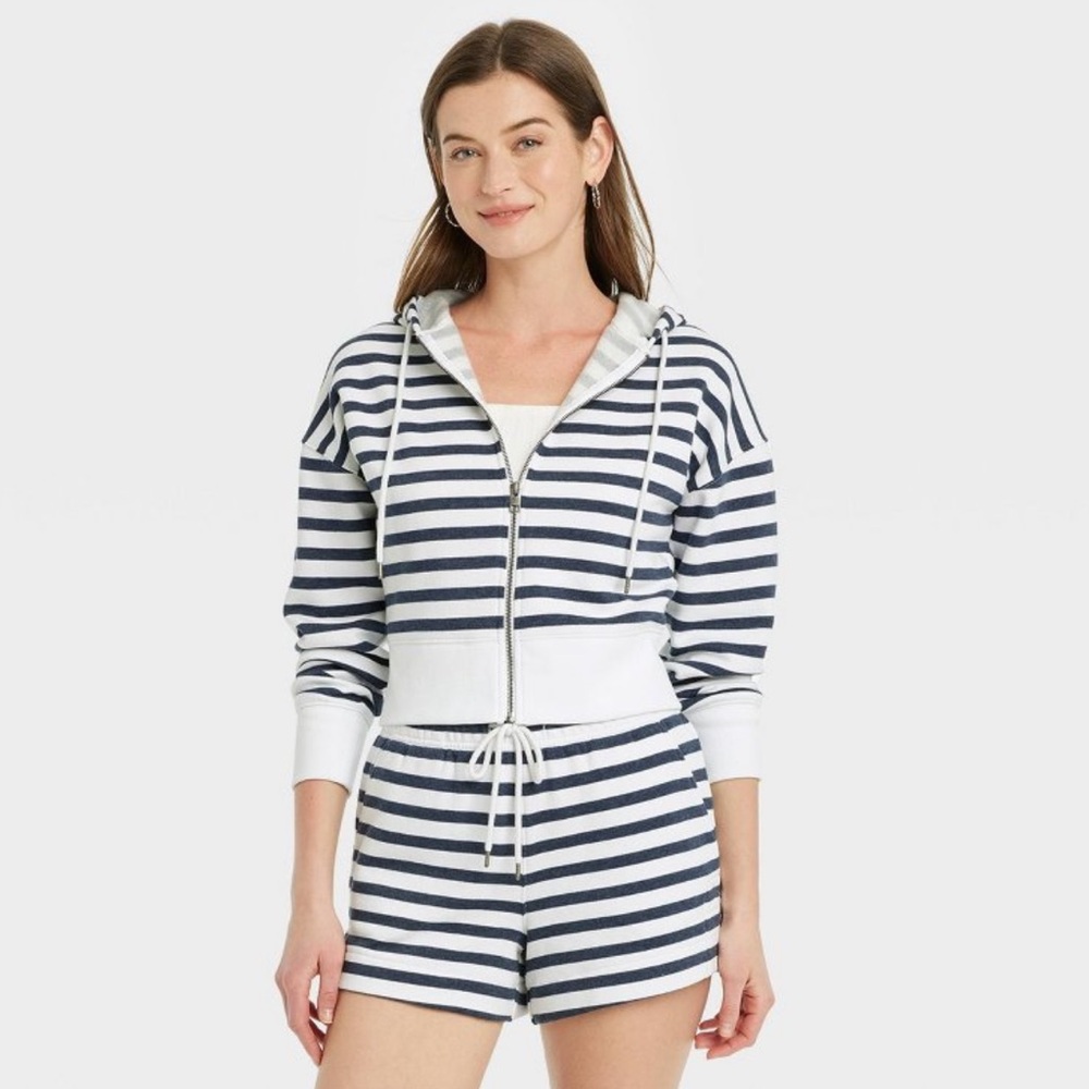 Women's Cropped Hooded Zip-Up Sweatshirt - Universal Thread Navy Blue Striped M